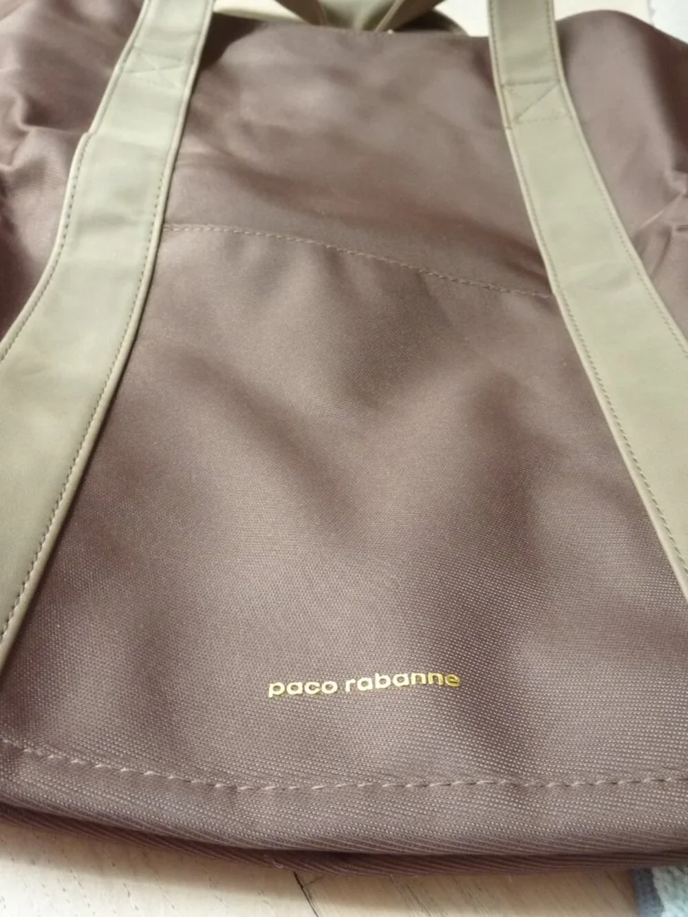 NEW Paco Rabanne Brown Overnight Weekend Canvas Travel Bag Foldable Gold Accent